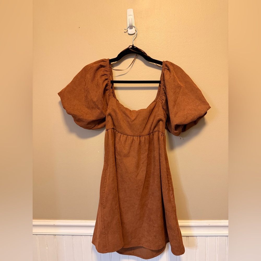 Puff Sleeve‎ Mini Dress in Brown